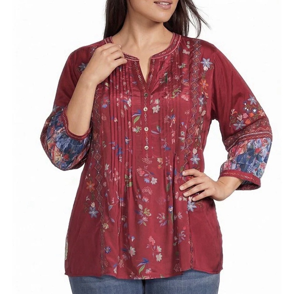 John Mark Embroidered Multi Floral Round Split V-Neck 3/4 Sleeve Blouse NWT 2X